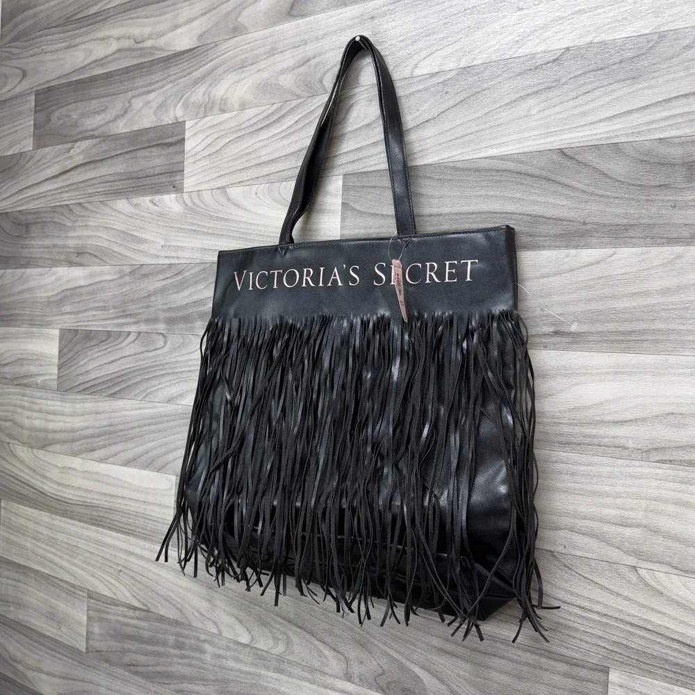 Victoria's Secret Tote Bag Women's Black One Size Flirty Fringe Faux‎ Leather